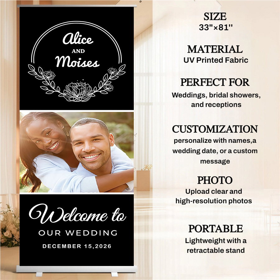 Customized wedding retractable banners - personalized photo wedding welcome signs, reception decorations and background curtains